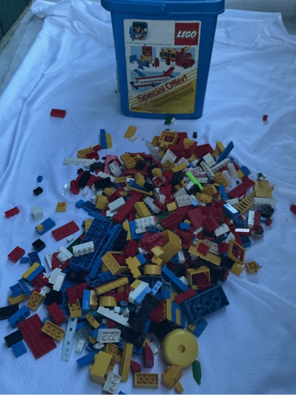 Lego Mixed Blue, Red, Yellow & White Brick Lot with Storage Tub